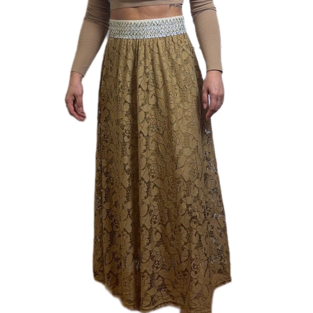 One2Many Khaki Gold Lace‎ Maxi Skirt Size L - NWT